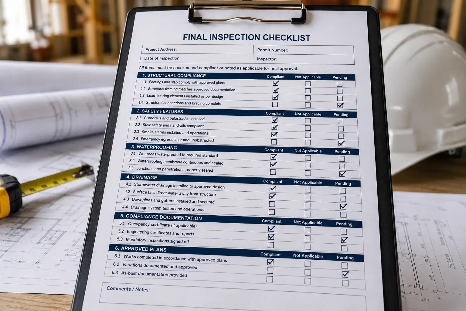 Close-up clipboard showing a final inspection checklist on an office table