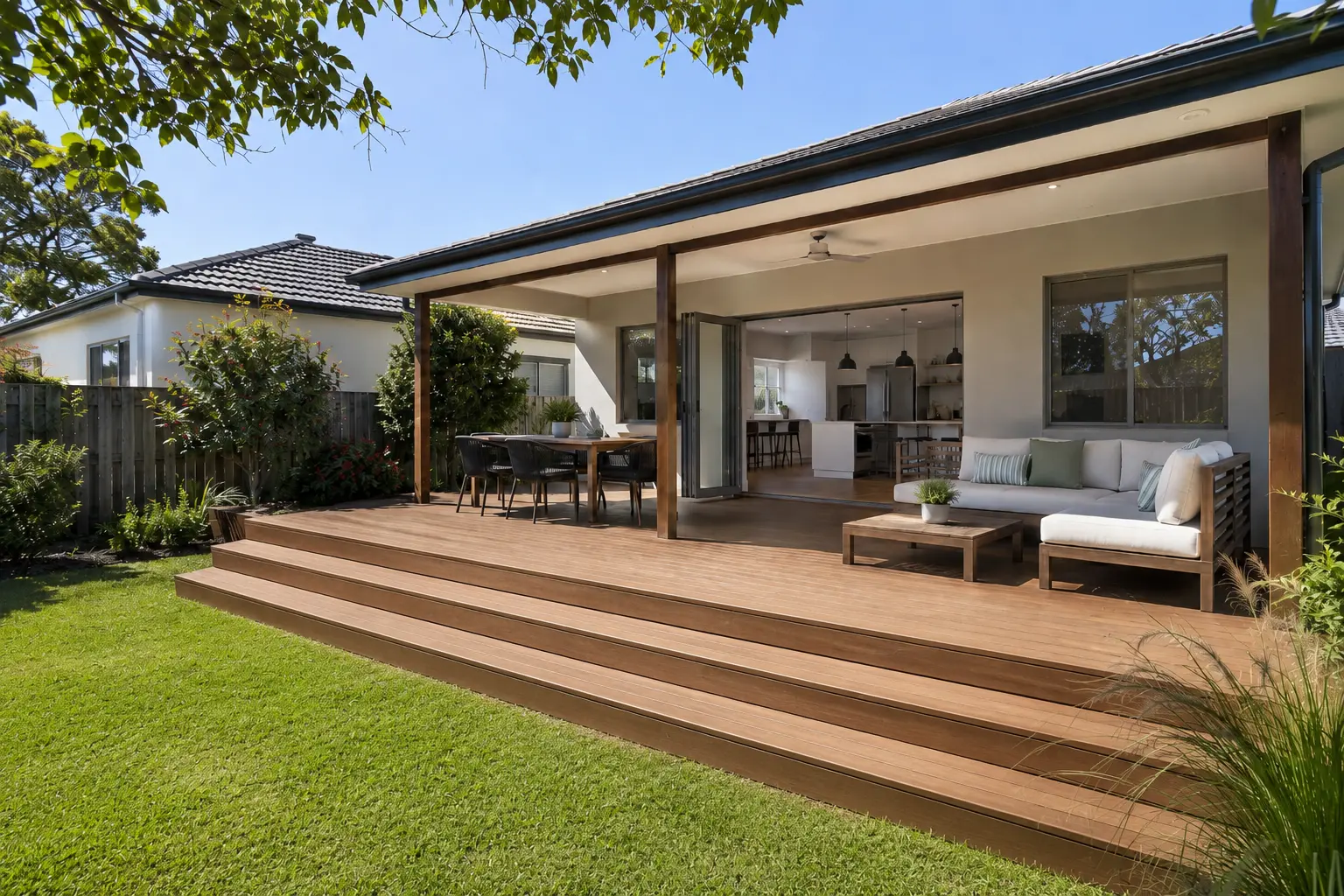 Outdoor living area with a sofa and dining setting