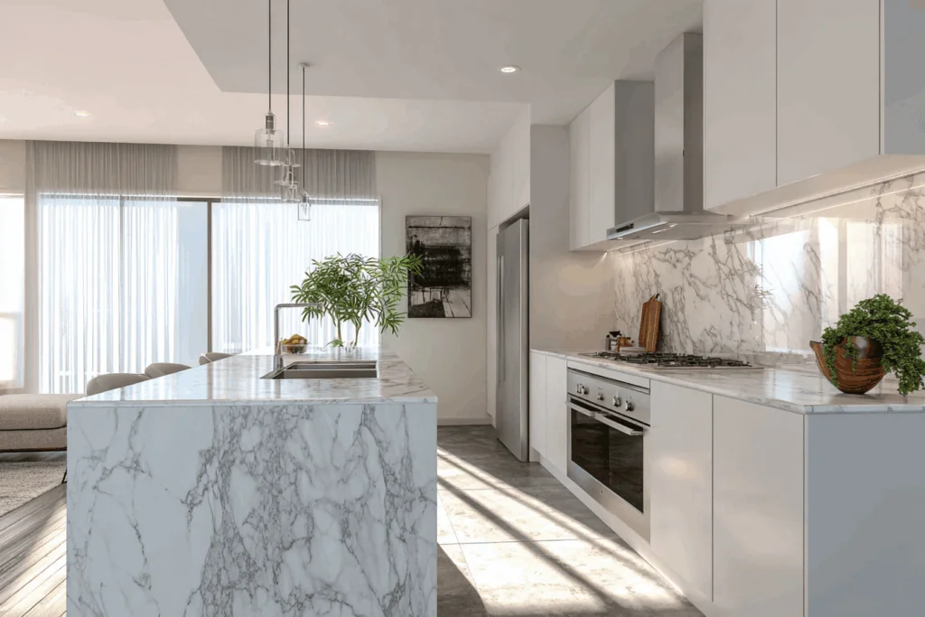 Modern white kitchen with marble island in Sydney home certified by Eastside Certifiers