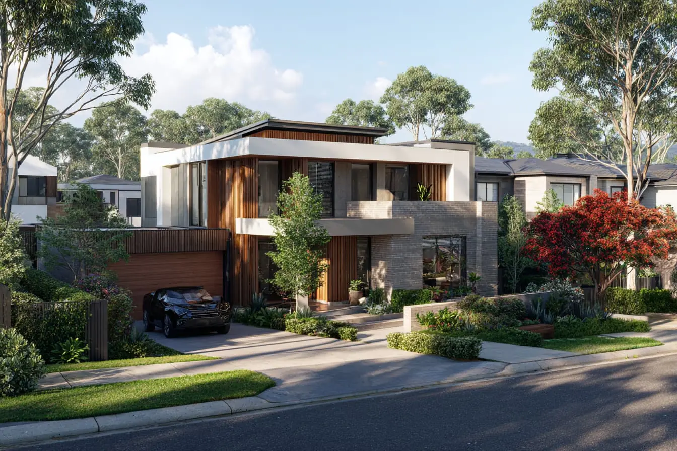 Modern two‑storey house with wood, concrete, glass and landscaped front yard