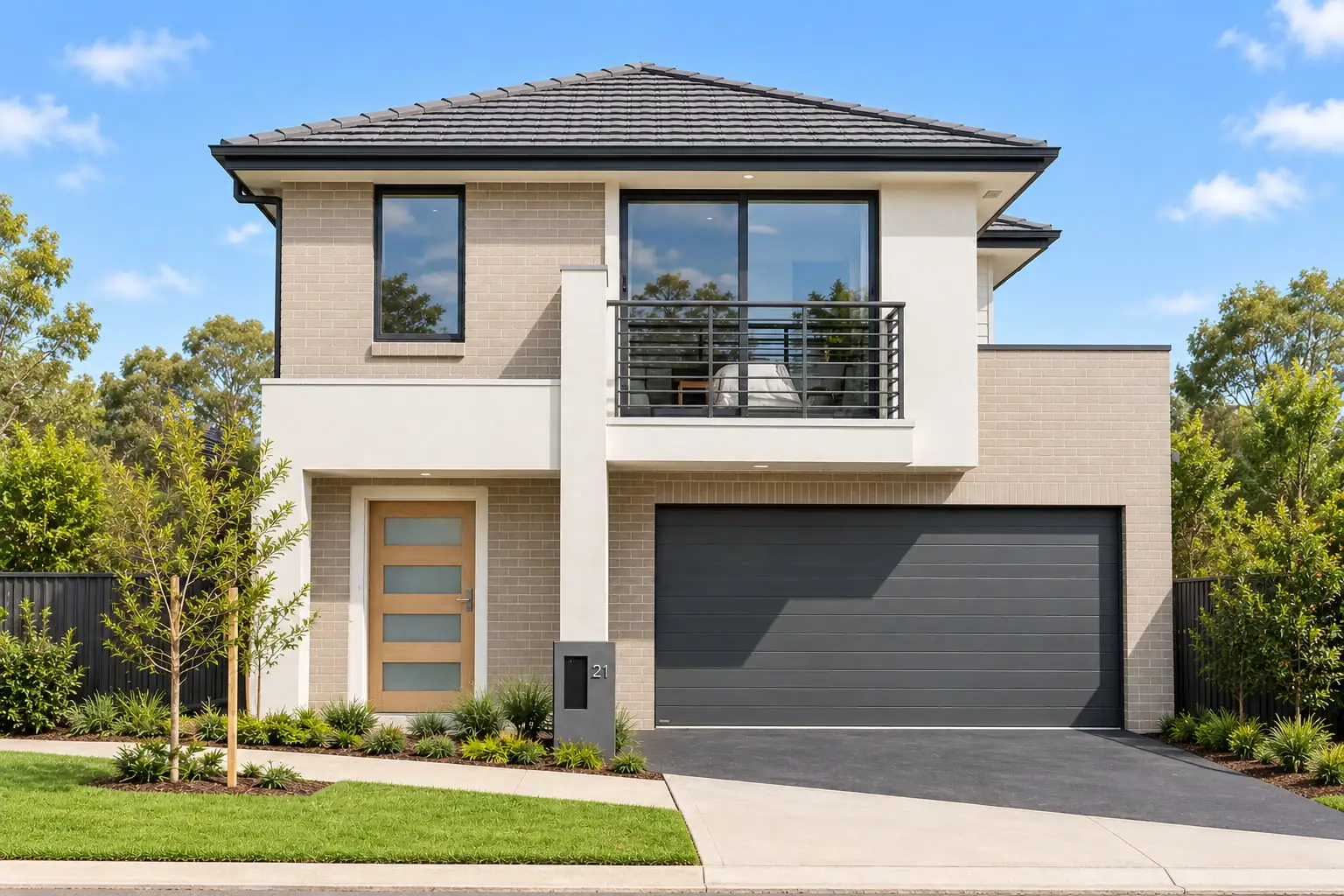 Modern two-storey home with balcony, garage and landscaped front yard